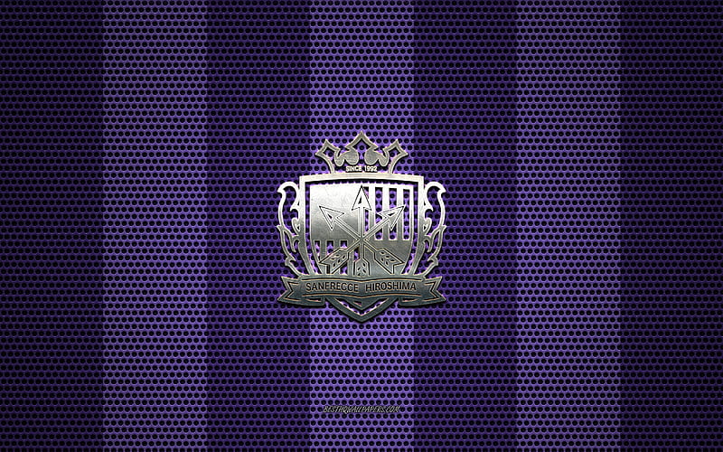 Sanfrecce Hiroshima logo, Japanese football club, metal emblem, purple metal mesh background, Sanfrecce Hiroshima, J1 League, Hiroshima, japan, football, Japan Professional Football League, HD wallpaper
