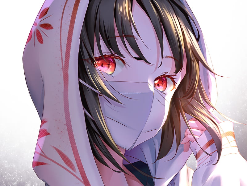Anime, Original, Black Hair, Girl, Mask, Red Eyes, HD wallpaper