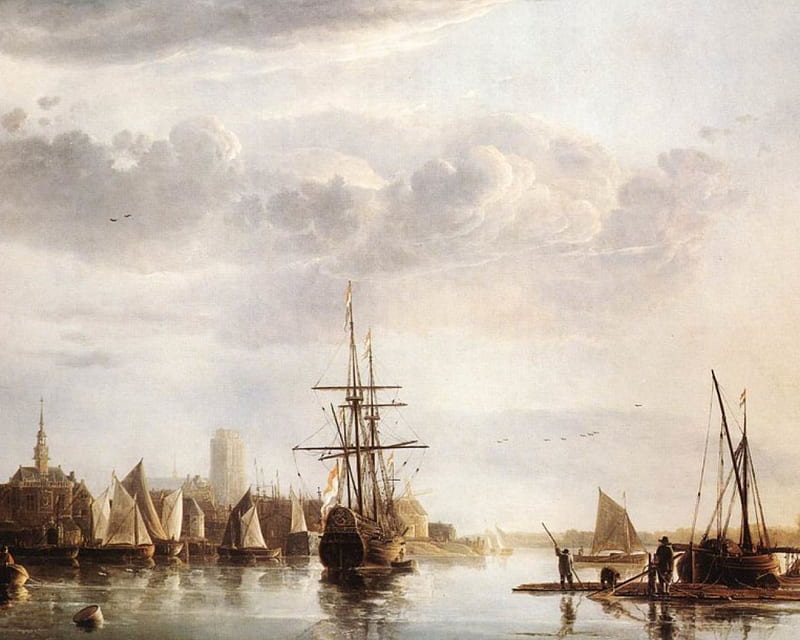 Aelbert Cuyp - View from Dordrecht, painting, seventeenth century, seascape, dutch, HD wallpaper