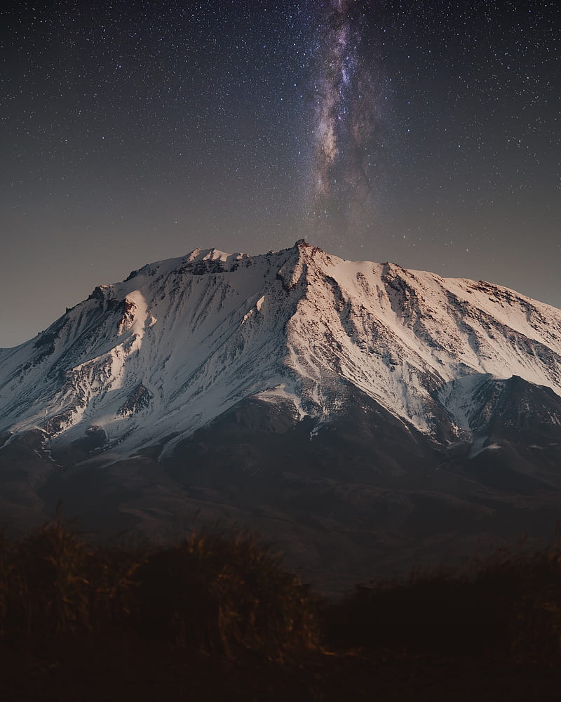 mountain, peak, starry sky, snow, landscape, night, HD phone wallpaper