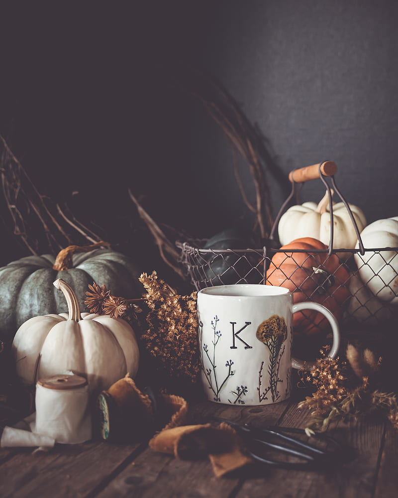mug, pumpkins, dried flowers, autumn, aesthetics, HD phone wallpaper