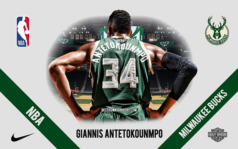 Giannis Antetokounmpo, Milwaukee Bucks, Greek Basketball Player, NBA, portrait, USA, basketball, Fiserv Forum, Milwaukee Bucks logo, HD wallpaper