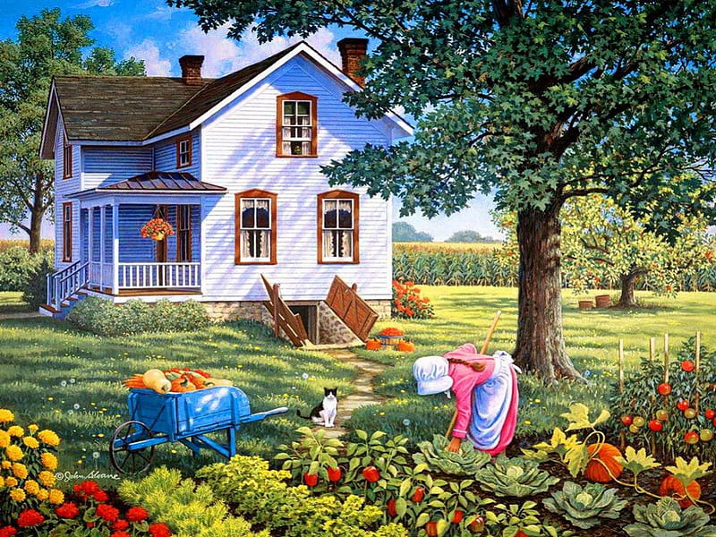 Countryside life, pretty, house, grass, cottage, fruits, cart, cabin, bonito, countryside, kid, nice, painting, village, flowers, child, art, quiet, lovely, life, greenery, freshness, tree, serenity, peaceful, summer, garden, nature, vegetables, HD wallpaper