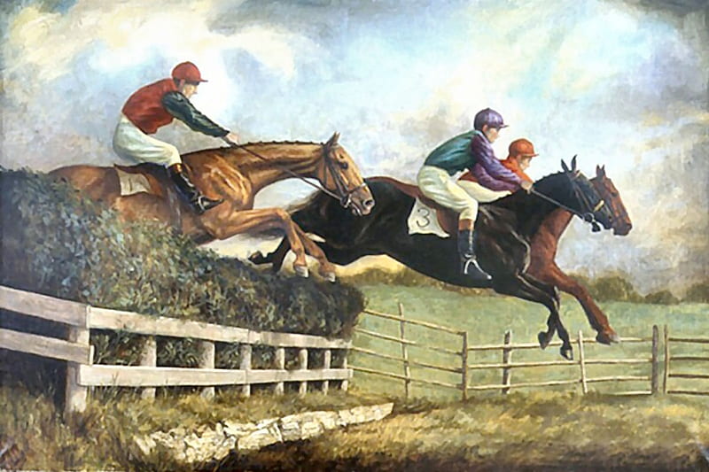 Three to the Finish - Horses f, art, thoroughbred, John Berry, horse racing, equine, bonito, Berry, horse, artwork, animal, steeplechase, painting, wide screen, thorobred, HD wallpaper