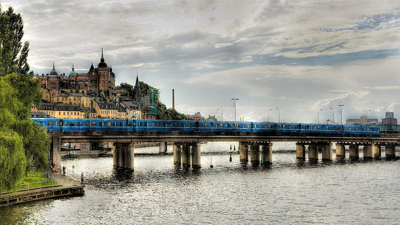 train on rail bridge over river in russia r, city, train, bridge, river, r, HD wallpaper