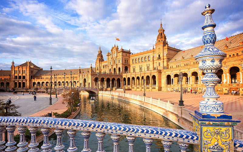 Plaza de Espana, Sevilla, flag of Spain, palace, bridge, landmark, evening, sunset, Spain, HD wallpaper