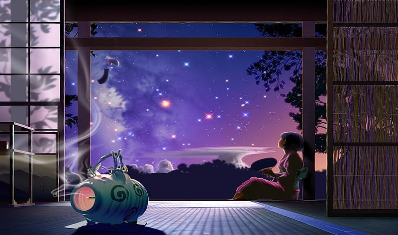 Dreaming, stars, pretty, bonito, sky, kimono, tea, sweet, girl, purple, anime, beauty, dream, pink, night, HD wallpaper