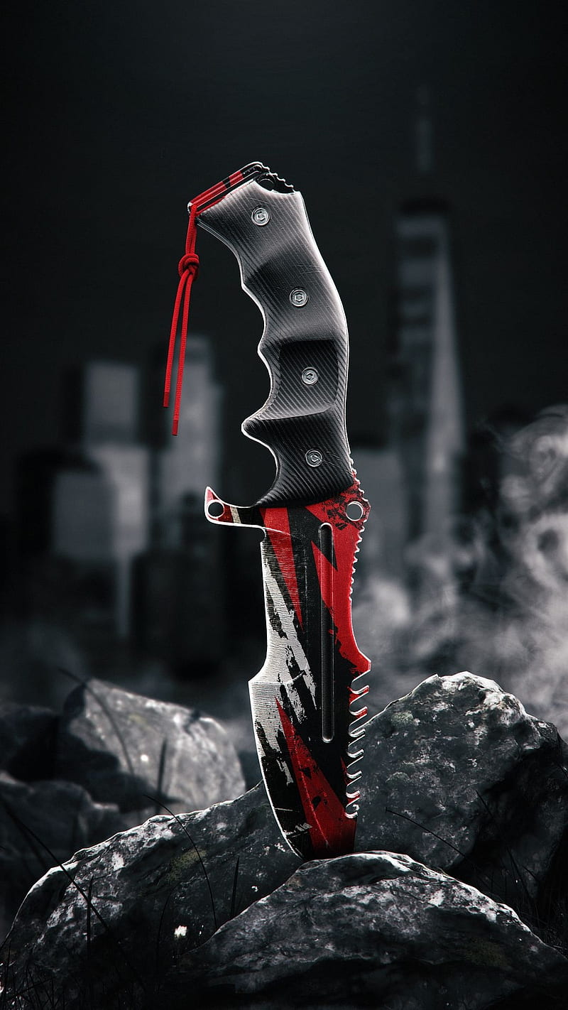 Pick it up, red, knife, black and white, rocks, HD phone wallpaper