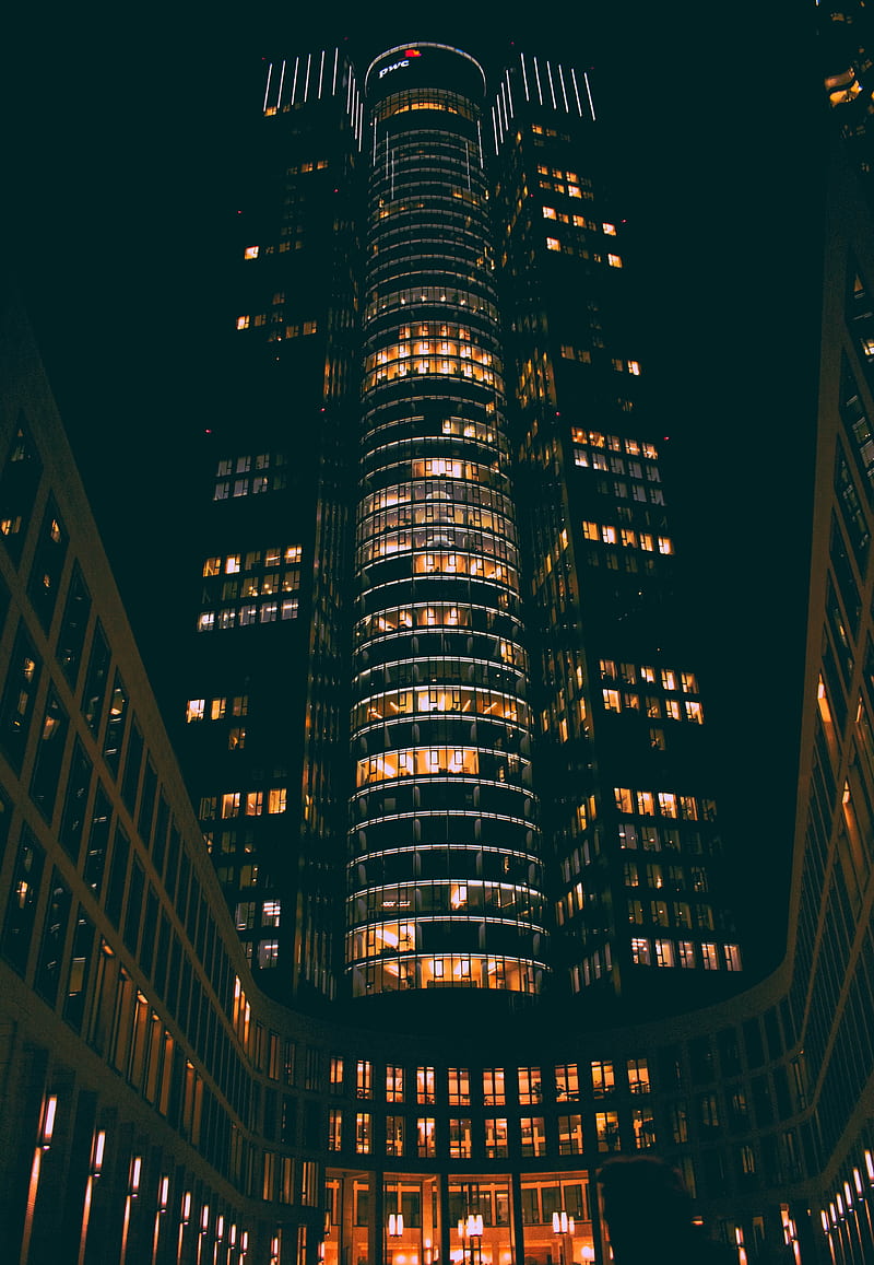 building, lights, architecture, night, bottom view, HD phone wallpaper