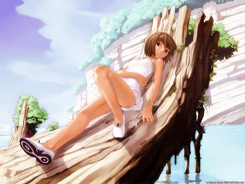 Sunbathing, cute, sun, water, girl, anime, wood, HD wallpaper