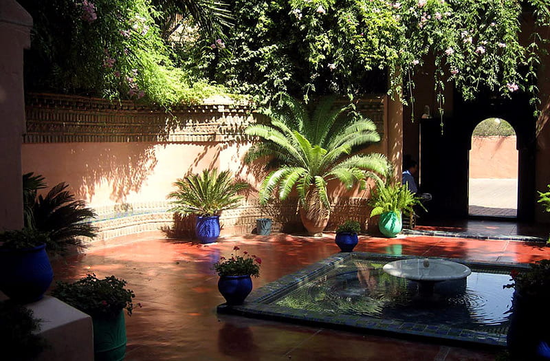 Zen Garden, fountain, blue pots, plants, archway, garden, trees, HD wallpaper