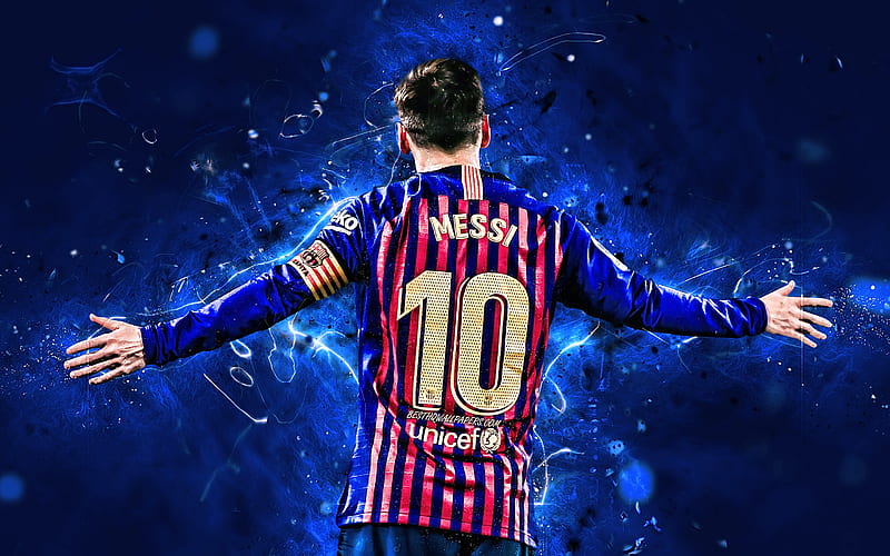 Messi, back view, FCB, Barcelona FC, argentinian footballers, goal, La Liga, Lionel Messi, Leo Messi, neon lights, LaLiga, Spain, Barca, soccer, football stars, HD wallpaper