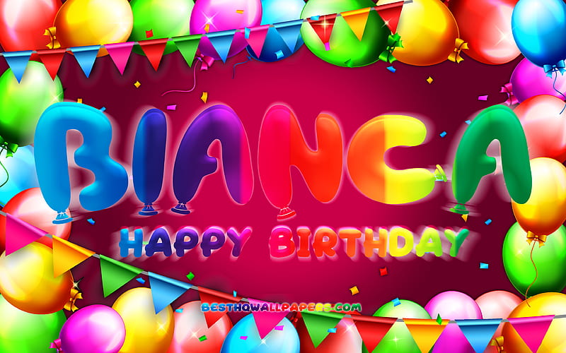 Happy Birtay Bianca colorful balloon frame, Bianca name, purple background, Bianca Happy Birtay, Bianca Birtay, popular american female names, Birtay concept, Bianca, HD wallpaper