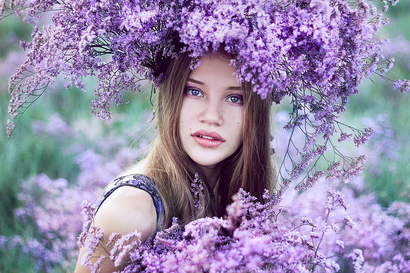 Beauty, model, lady, lilacs, HD wallpaper