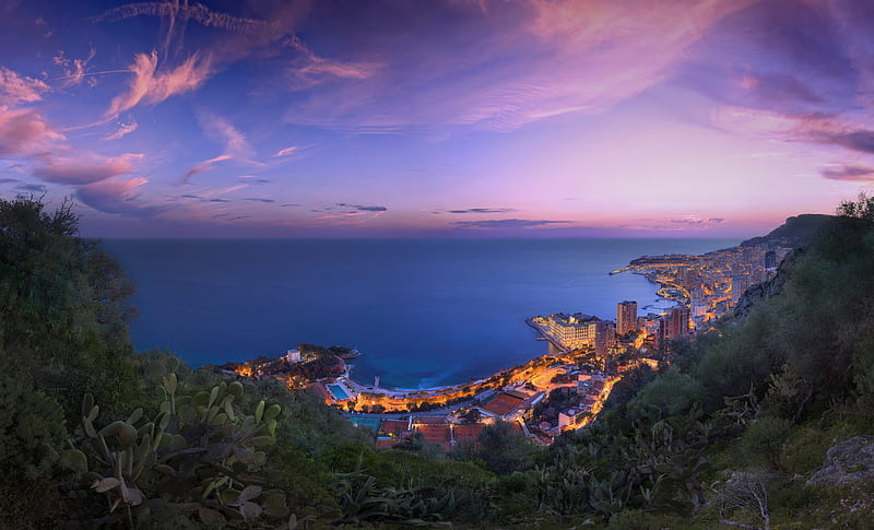 monaco, sunset, aerial view, scenic, horizon, clouds, scenic, lights, Landscape, HD wallpaper