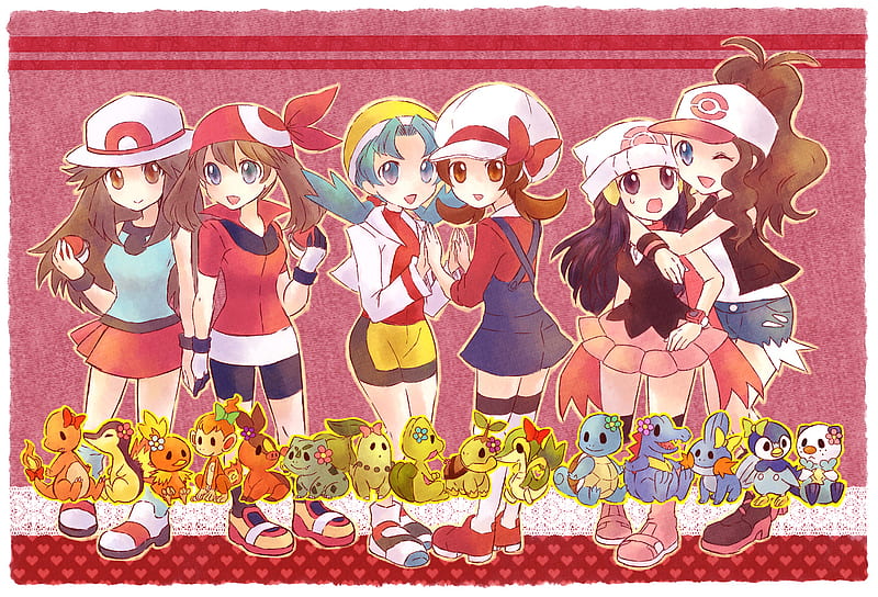 Hilda (Pokemon), May (pokemon), Pokémon, Pokémon trainers, Dawn (Pokemon),  Hikari (pokemon), anime girls, collage, spring, summer, fall, winter, anime