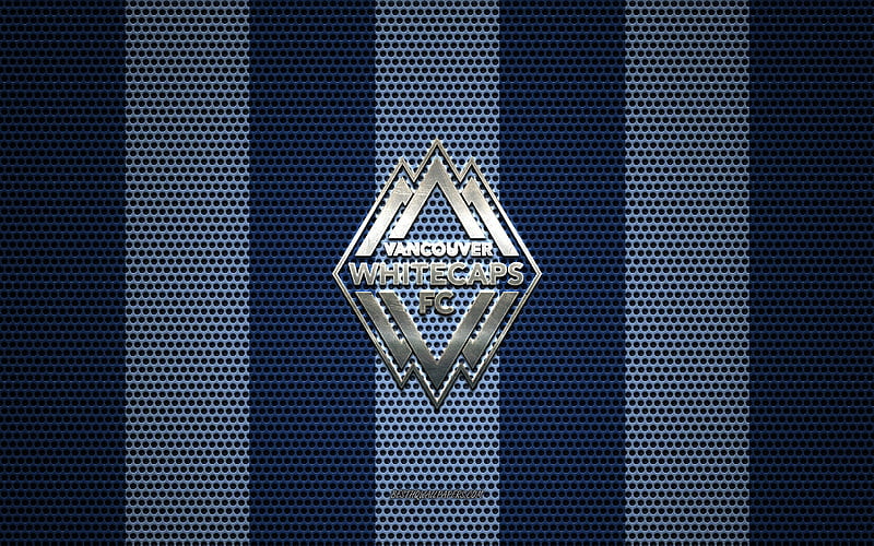 Vancouver Whitecaps FC logo, Canadian soccer club, metal emblem, blue metal mesh background, Vancouver Whitecaps FC, MLS, Vancouver, British Columbia, Canada, USA, soccer, HD wallpaper