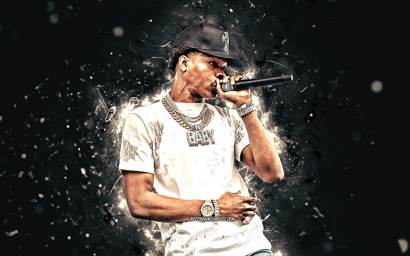 Lil Baby american rapper, music stars, concert, Dominique Armani Jones, american celebrity, Lil Baby with microphone, white neon lights, creative, Lil Baby, HD wallpaper