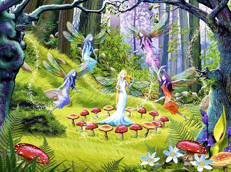 Fairy Forest, flowers, fairies, mushrooms, trees, artwork, HD wallpaper ...