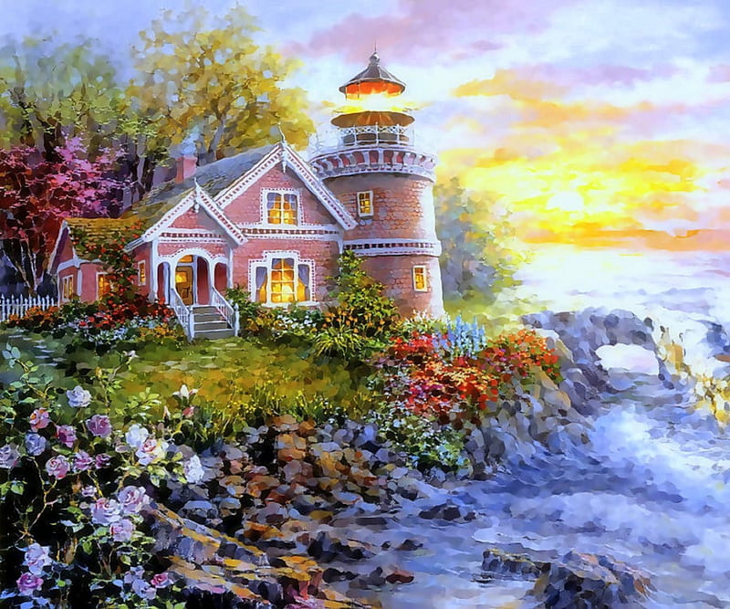 ★Seafare's Vigilant Sentry★, architecture, gardening, all lighthouses, love four seasons, bonito, spring, attractions in dreams, paintings, lighthouses, flowers, HD wallpaper