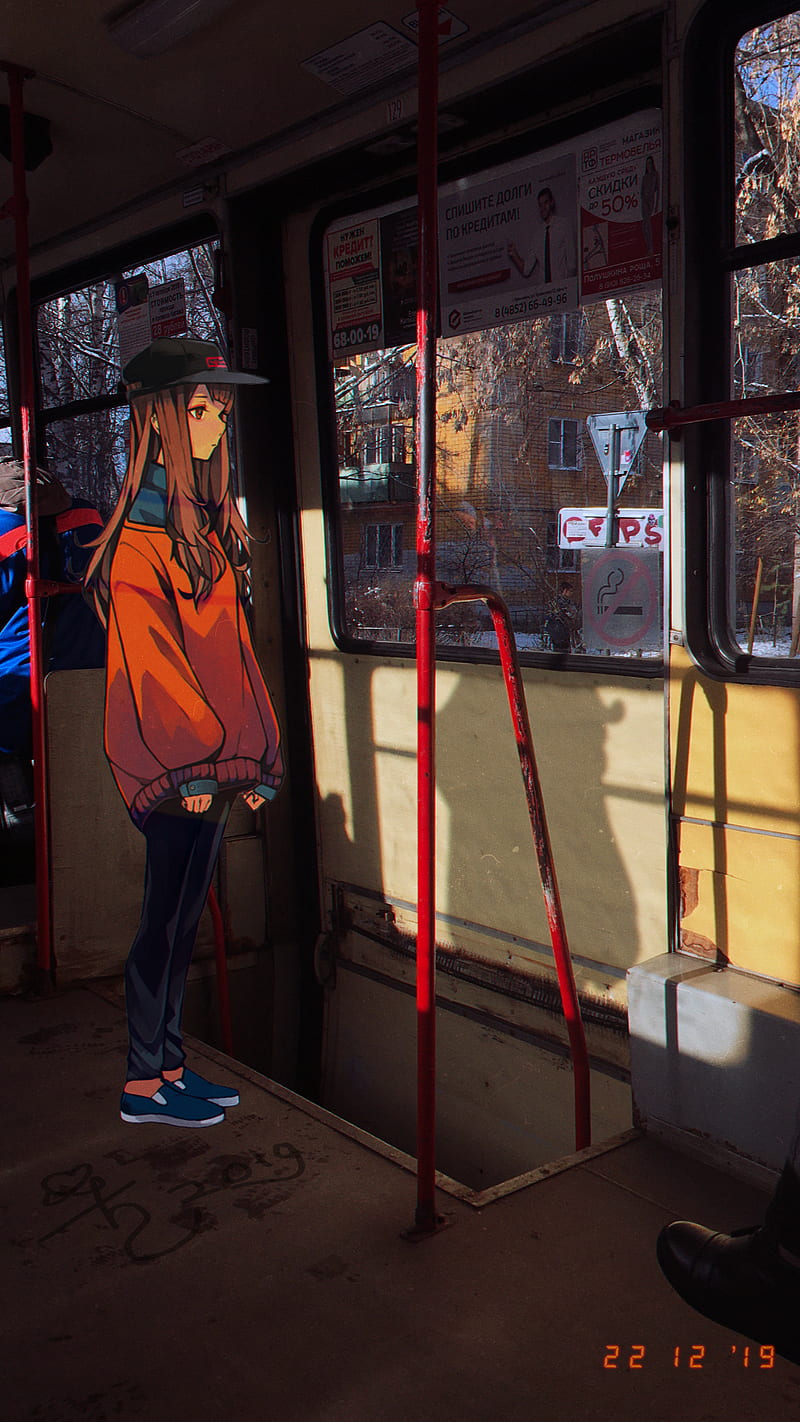 anime, anime girls, tram, Russia, waiting, winter, HD phone wallpaper