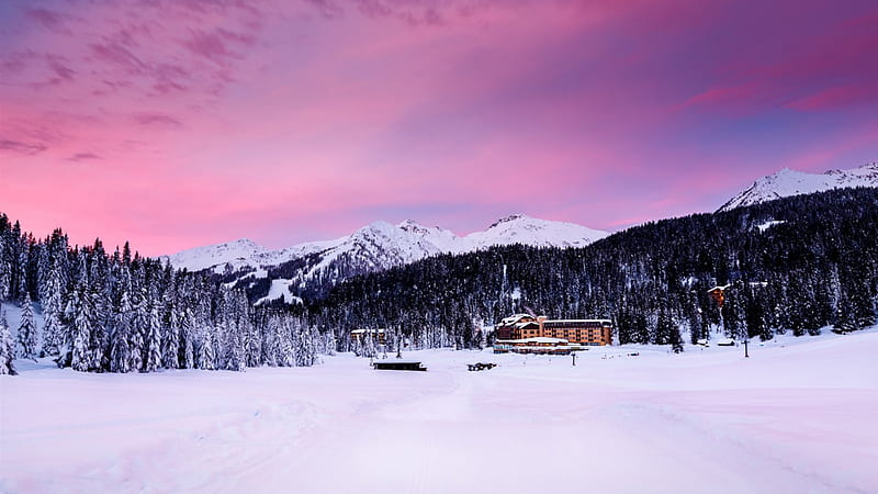 ski resort of madonna di campiglio in north italy, resort, forest, mountains, town, pink sky, winter, HD wallpaper