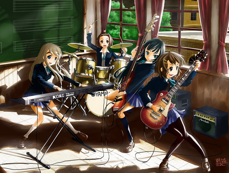 K-ON!, superstar, band, drum, group, musician, anime, instruments, yui, hot, anime girl, keyboard, team, school uniform, k on, mio, female, tsumugi, ritsu, diva, singer, sexy, piano, cute, guitar, girl, uniform, kon, idol, HD wallpaper