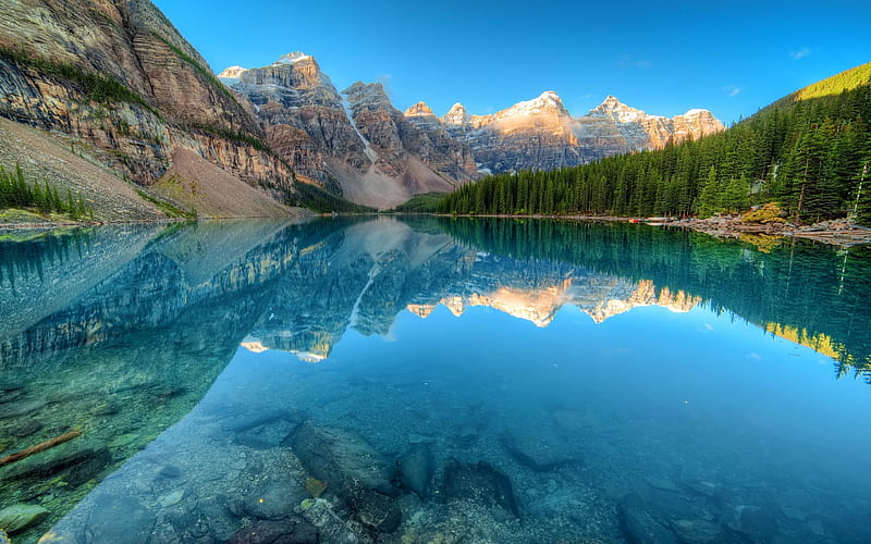 Moraine Lake, Alberta, mountains, sunset, blue lake, R, Banff National Park, Canada, HD wallpaper