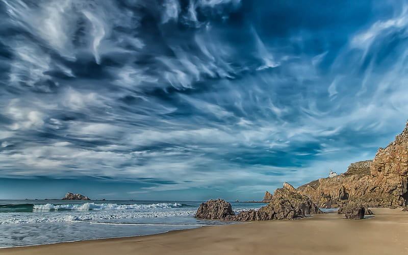 Camaret-sur-Mer, coast, sea, blue sky, Brittany, France, HD wallpaper