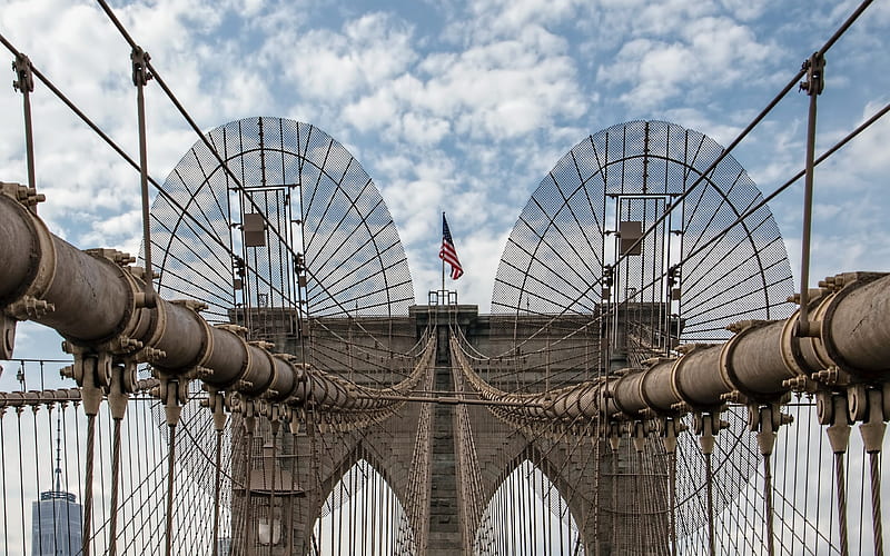 Brooklyn Bridge, New York, July 4th, US flag, old bridge, Brooklyn, USA, American flag, HD wallpaper
