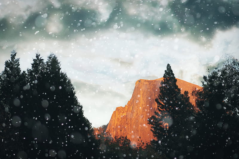 mountains, rocks, snow, trees, sky, HD wallpaper