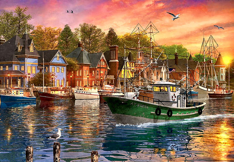 Harbor Sunset F1, art, bonito, sunset, artwork, water, painting, wide screen, scenery, harbor, landscape, HD wallpaper