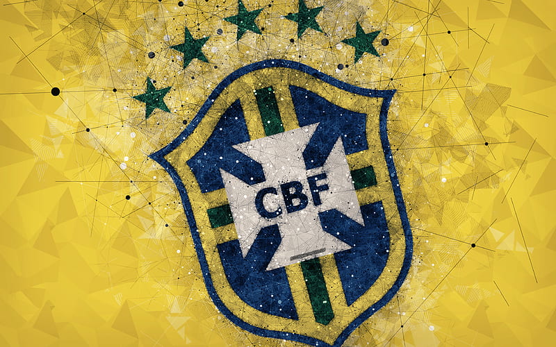 Brazil national football team geometric art, logo, yellow abstract background, emblem, Brazil, football, grunge style, creative art, HD wallpaper