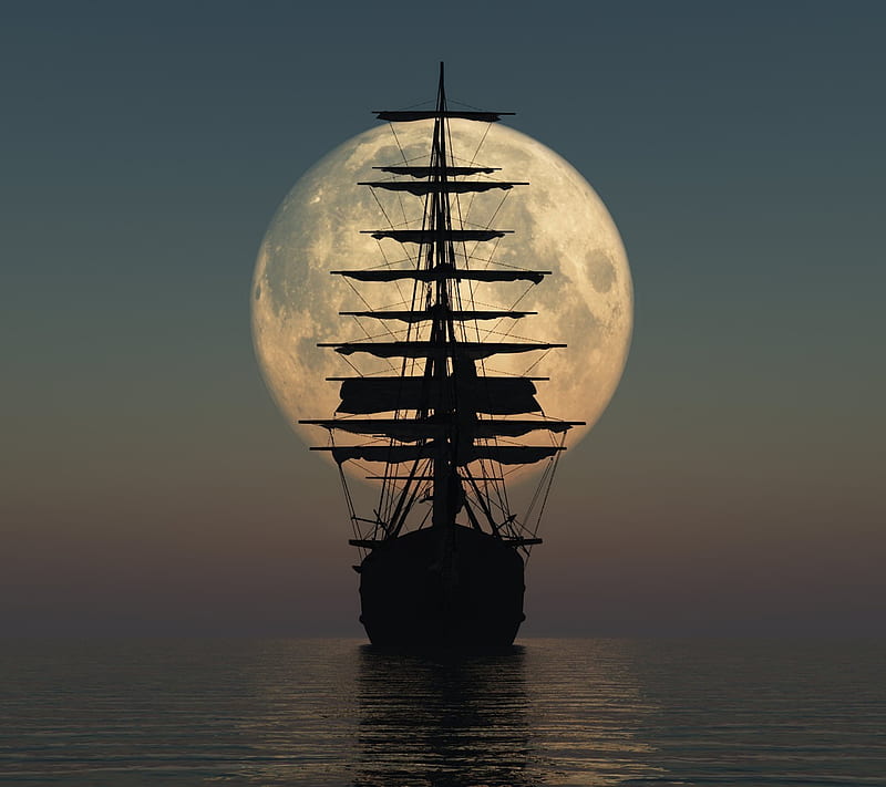 Boat Ship, lunar, moon, ocean, sea, vessel, HD wallpaper