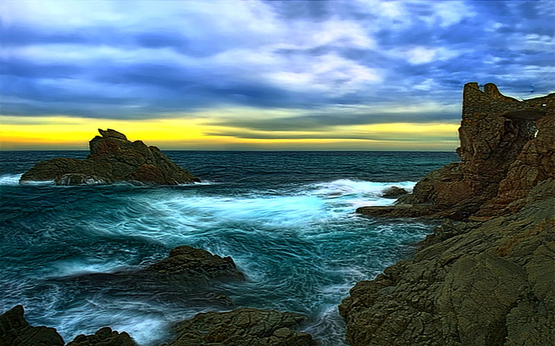 The Crazy, colorful, rocks, ocean, creamy white, clouds, sky, wave, HD wallpaper
