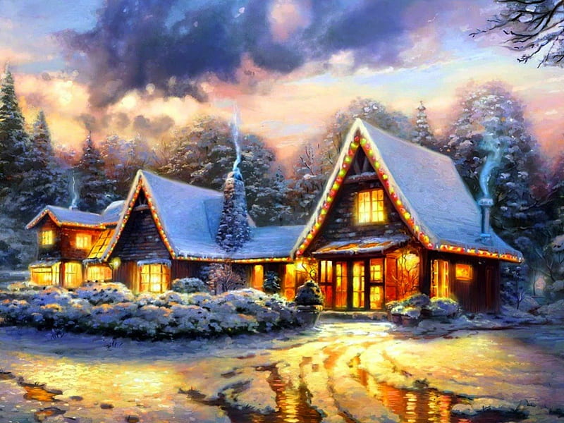 Cosy Christmas, house, christmas, snow, trees, lights, winter, HD wallpaper
