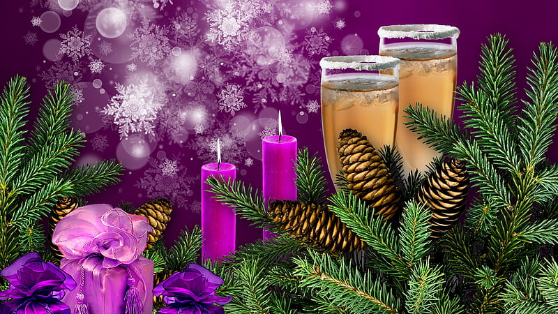 Celebrate in Purple, Christmas, Feliz Navidad, New Year, wine, evergreen, candles, purple, snowflakes, champagne, gifts, Firefox Persona theme, celebrate, spruce, HD wallpaper
