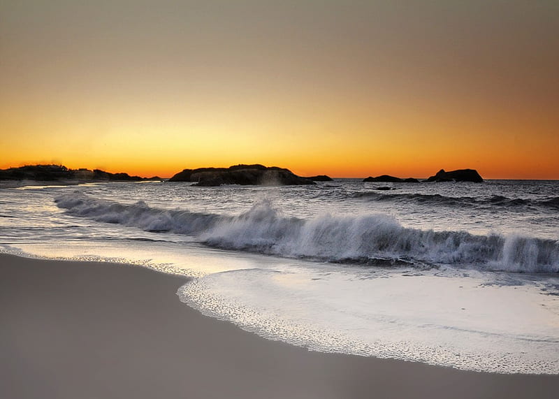 Sunrise, beach, rocks, orange, wet sand, yeloow, breakers, sky, HD wallpaper