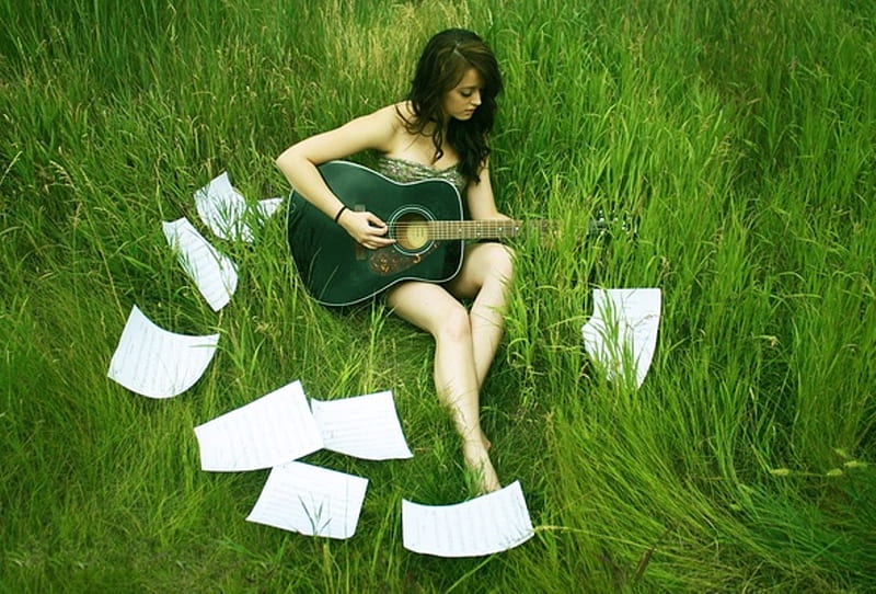 Song of nature, grass, music, melody, notes, lovely girl, bonito, song, guitar, green, tenderness, love, beauty, inspiration, sheet, papers, HD wallpaper