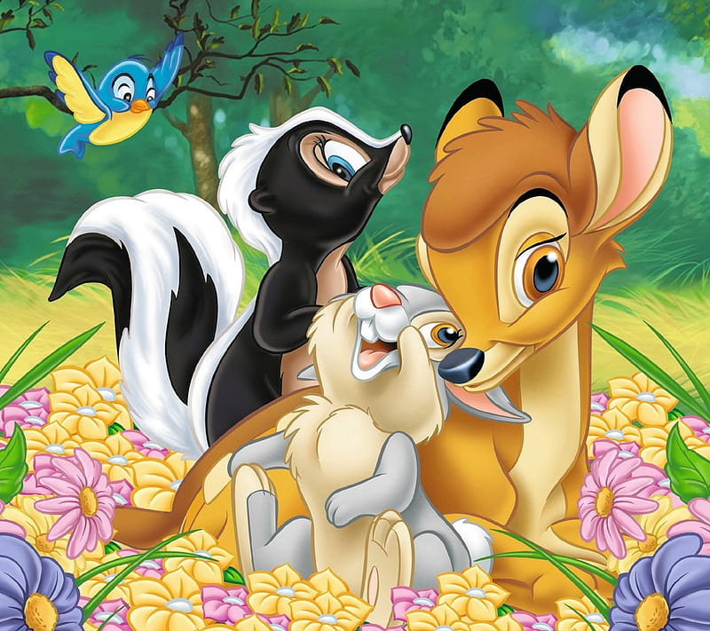Bambi and friends, friend, luminos, bambi, skunk, deer, animal, fantasy, flower, bunny, disney, HD wallpaper