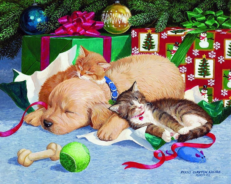 Waiting for Santa, sleep, persis clayton weirs, craciun, christmas, caine, gift, cat, animal, cute, pet, tree, painting, kitten, pictura, dog, HD wallpaper