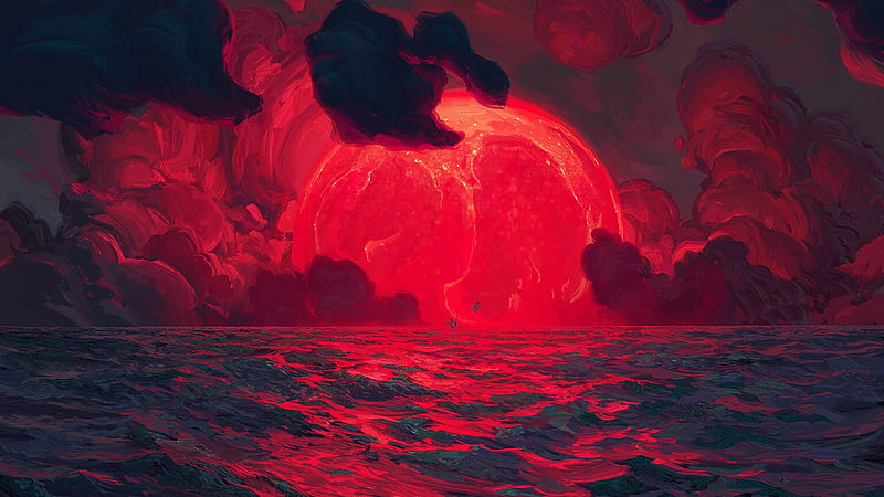 Artistic, Painting, Cloud, Red, Sea, Sun, HD wallpaper