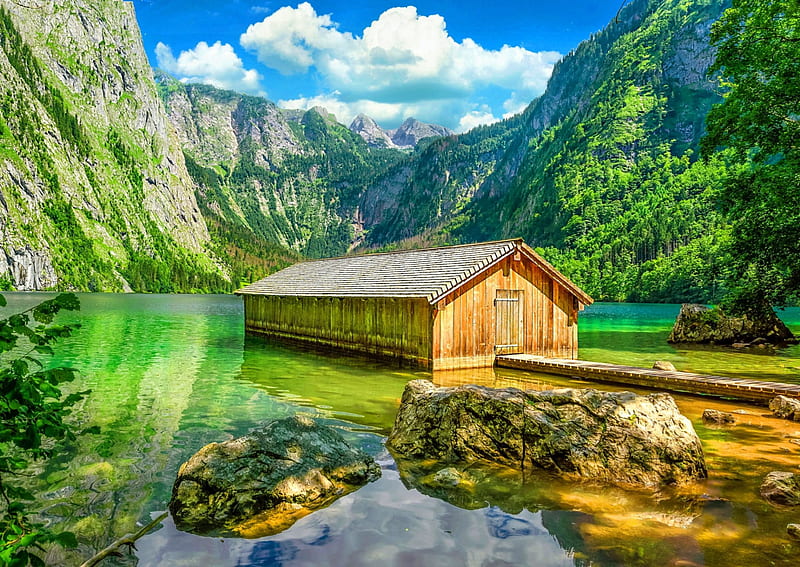 Old Boathouse, Bavaria, forest, boathouse, bonito, clouds, lake, cliffs, mountains, summer, green water, nature, wooden house, Germany, lakeshore, HD wallpaper