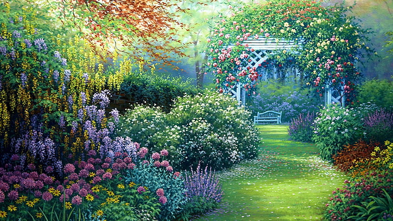 Flower Park, blossoms, summer, rosebow, roses, HD wallpaper