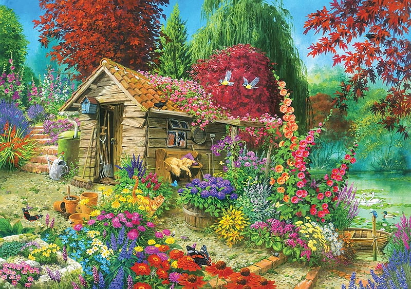 The Garden Shed, flowers, puzle, garden, shed, HD wallpaper