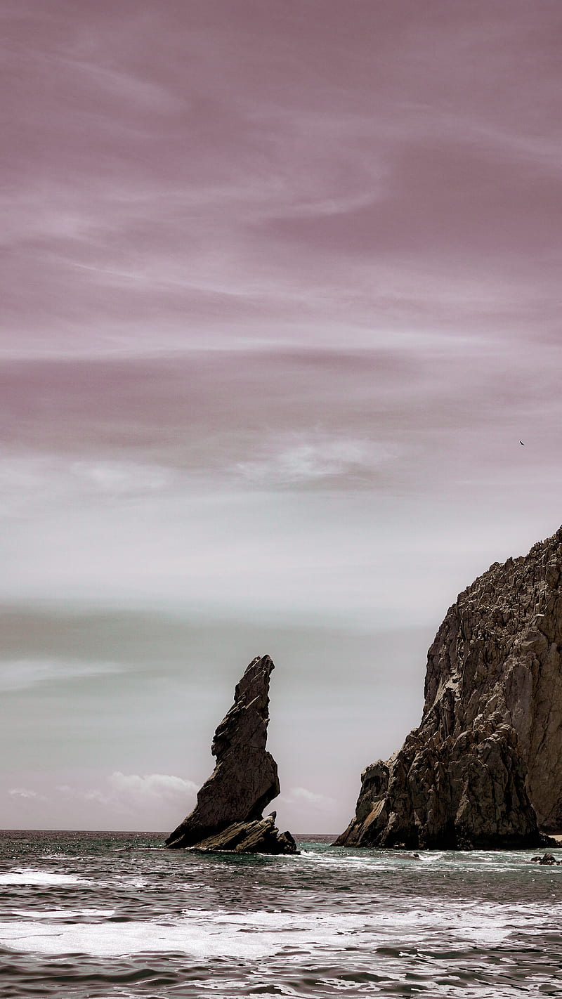rocks, cliff, sea, waves, wavy, HD phone wallpaper