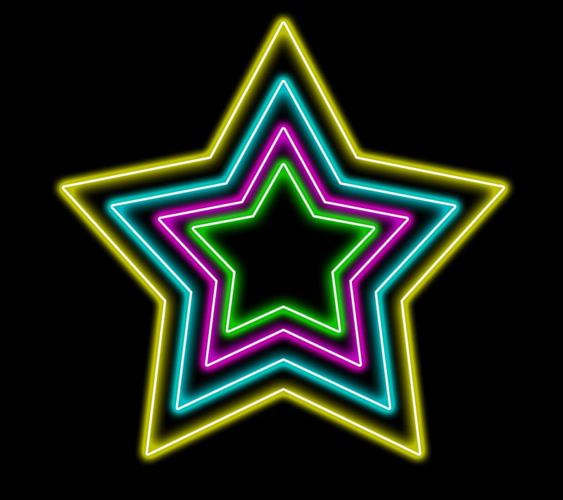 Neon Star, pretty, art, lovely, black, yellow, bonito, abstract, green, purple, neon, star, blue, HD wallpaper