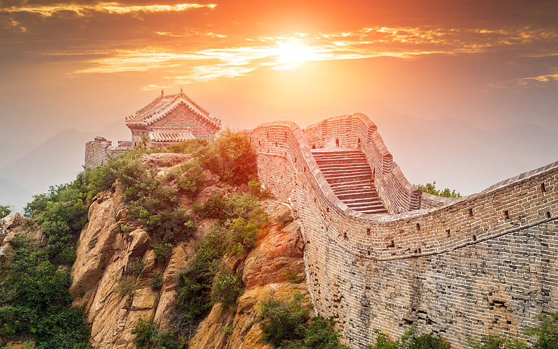 Great Wall of China sunset, chinese landmarks, mountains, Asia, China, HD wallpaper