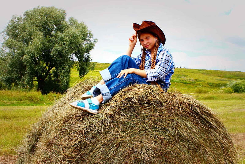 We Work Out Here . ., hats, bale, cowgirl, ranch, children, hay, outdoors, brunettes, field, western, HD wallpaper