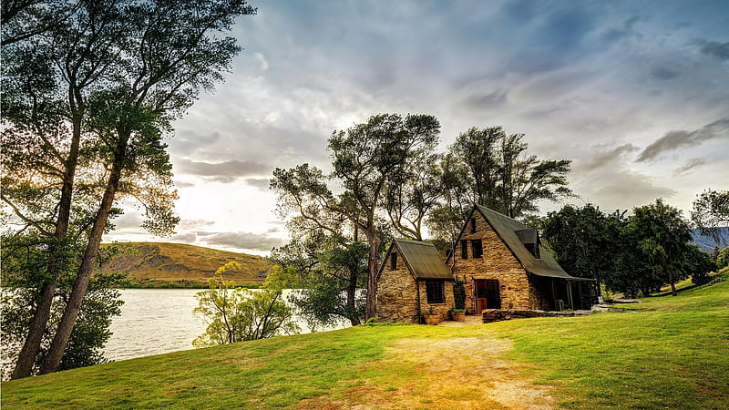 House by the River, stream, house, homestead, cloudy sky, creek, trees, early fall, painting, river, field, Firefox Persona theme, abandoned, HD wallpaper